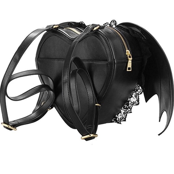 Black Bat Heart Backpack Wing Gothic Goth Punk - Picture 2 of 8